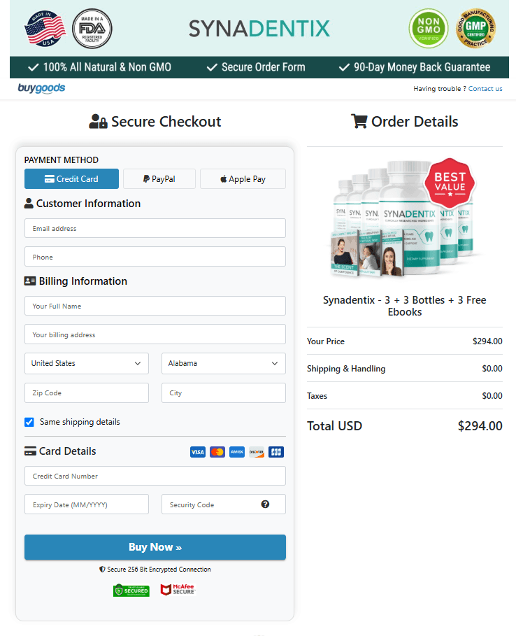 Synadentix Checkout page